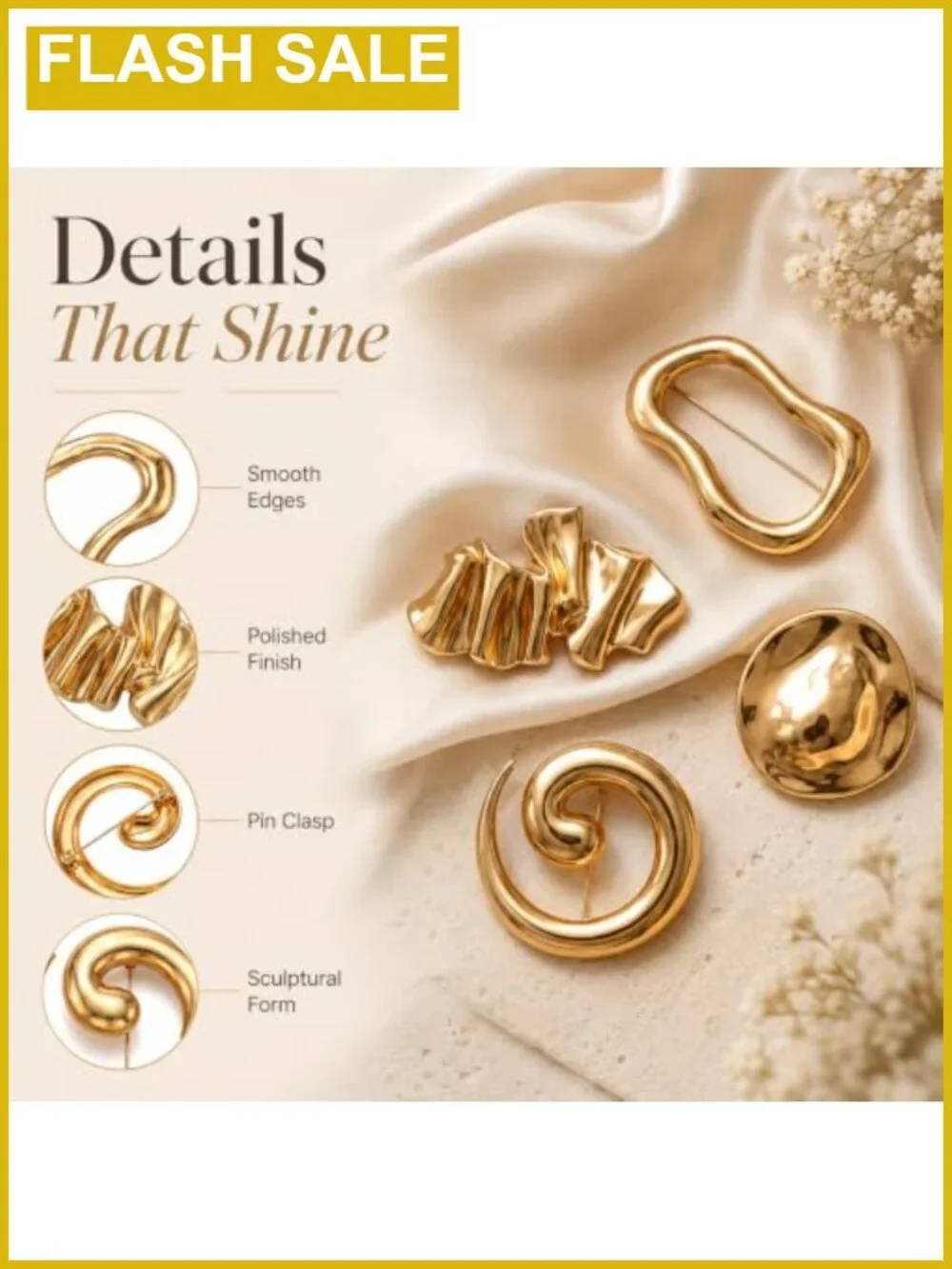 Set of 4 Gold Brooches for Women, Unique Metal Alloy Pins for Clothing,